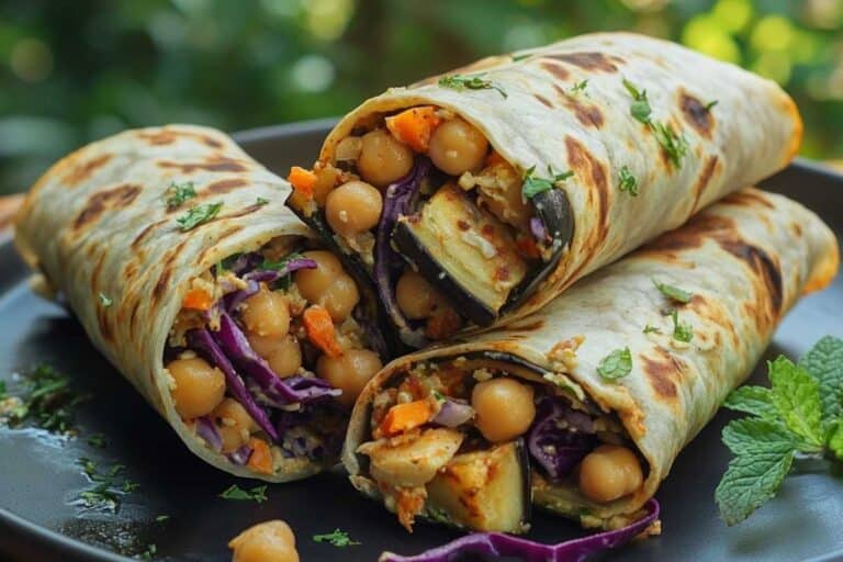 Roasted Eggplant and Chickpea Wraps with Tahini Slaw