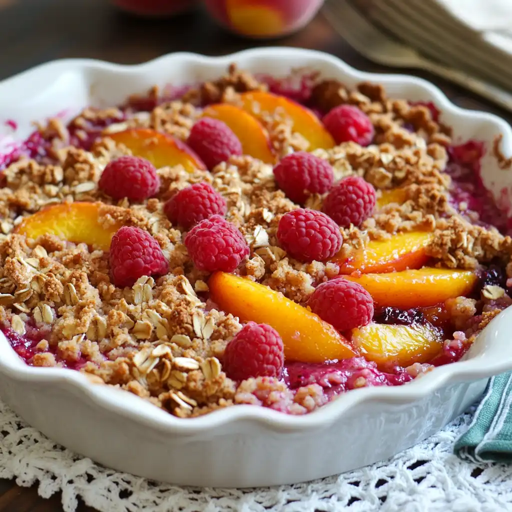 Featured image for Peach Melba Crisp with Fresh Peaches and Raspberries